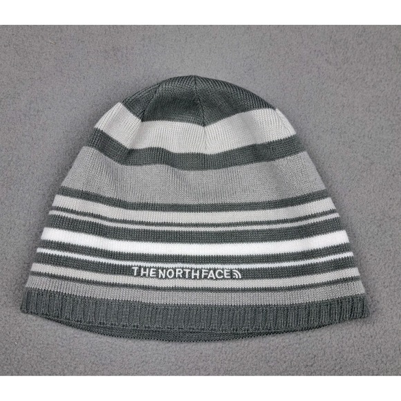 The North Face Beanie Womens OSFM Gray White Knit Winter Hat Outdoors Lined - Picture 1 of 10